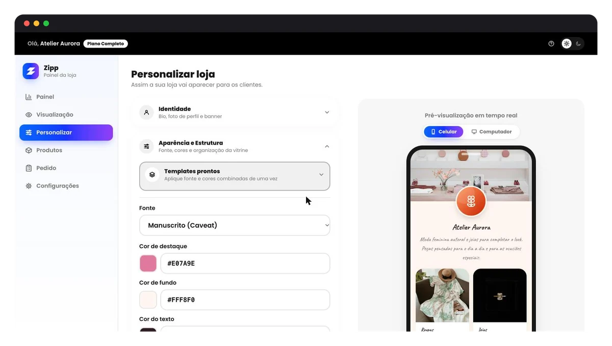 Tela de personalização da loja no painel do Zipp, com a prévia ao vivo no celular