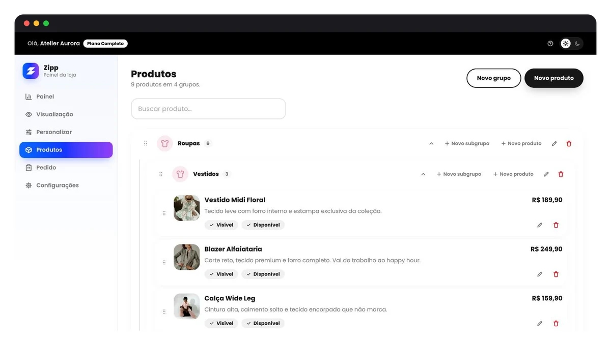 Lista de produtos organizada em grupos no painel do Zipp