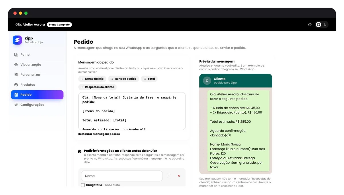 Tela de pedido do painel do Zipp com a prévia da mensagem que chega no WhatsApp