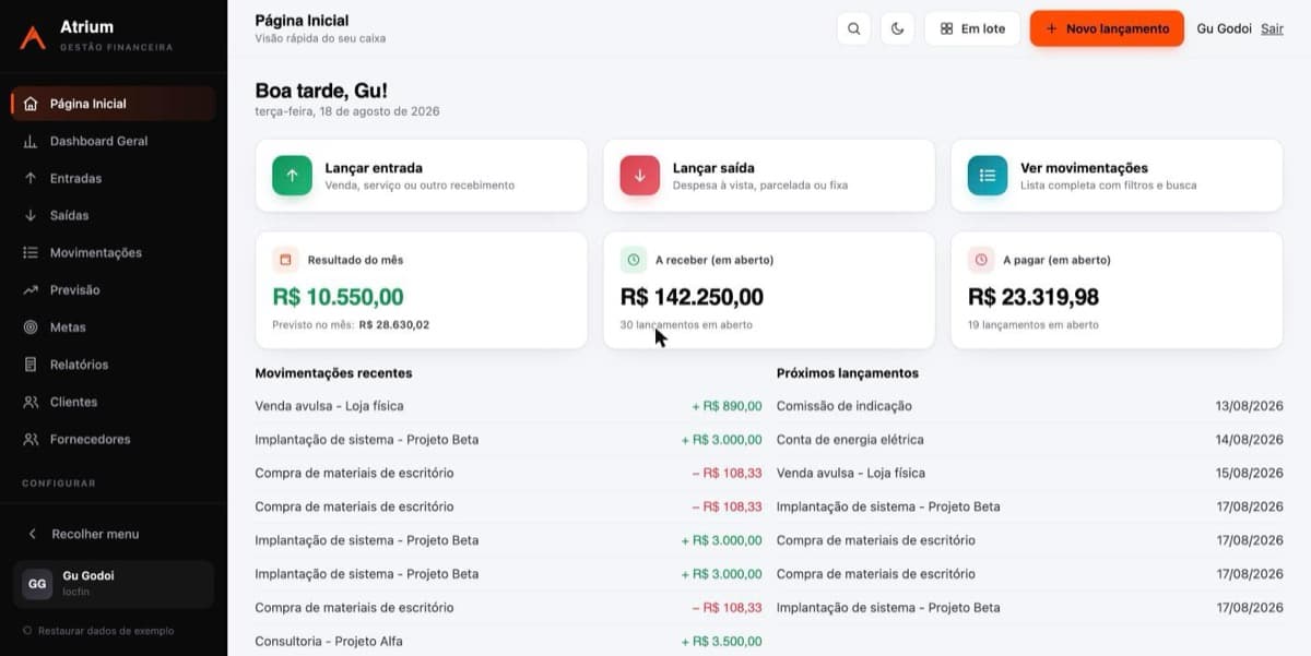 Página inicial do Atrium com resultado do mês, valores a receber e a pagar e movimentações recentes