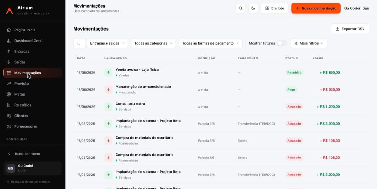 Lista de movimentações do Atrium com parcelas, status atrasado e formas de pagamento variadas